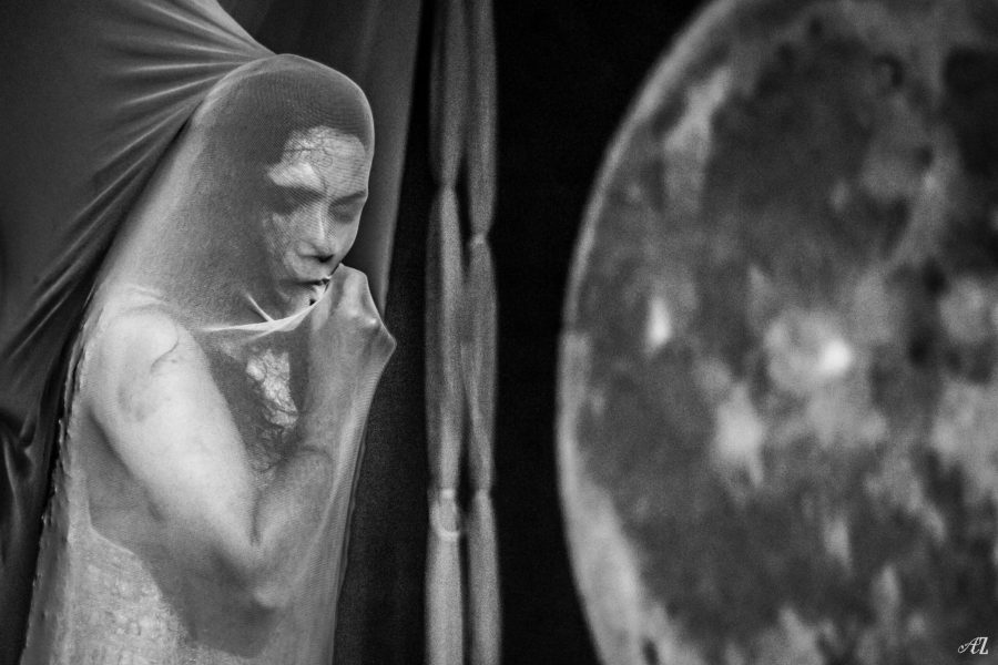 Una figura humana apareix embolcallada per una tela translúcida que en cobreix completament el cap i el cos. En blanc i negre, la imatge crea una atmosfera onírica i inquietant, amb una gran lluna desenfocada al primer terme.